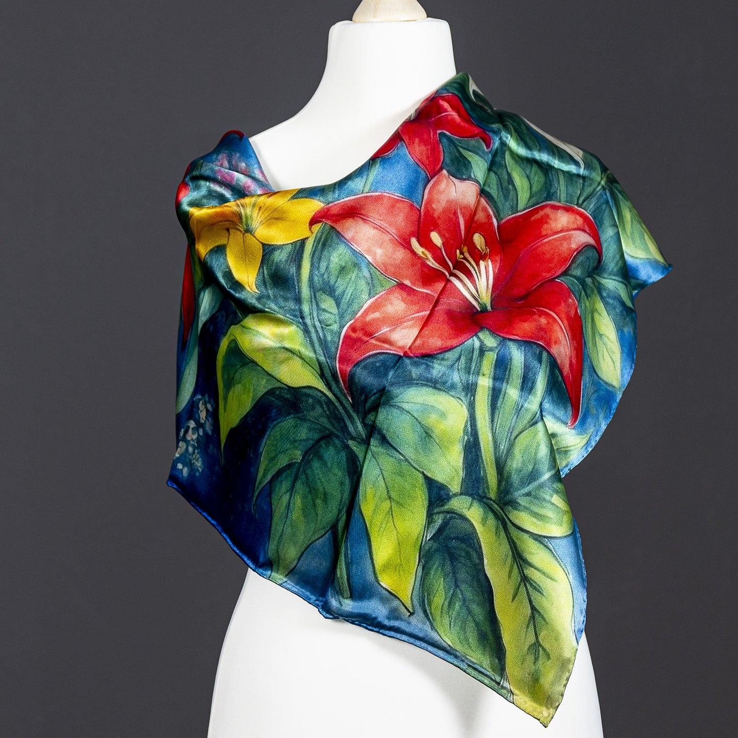 Dreamlike Lilies Satin Silk Scarf: Inspired by Marc Chagall