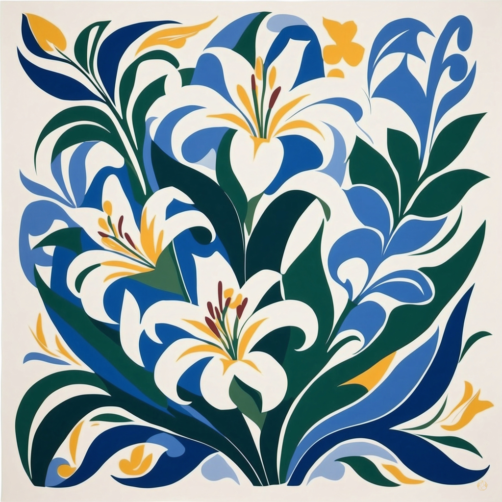 Sciarpa di seta satinata elegante Lilies: ispirata a Henri Matisse