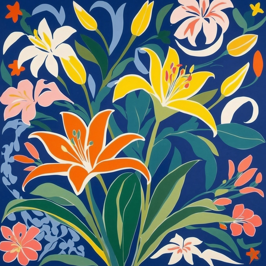 Elegant Lilies Satin Silk Scarf: Inspired by Henri Matisse