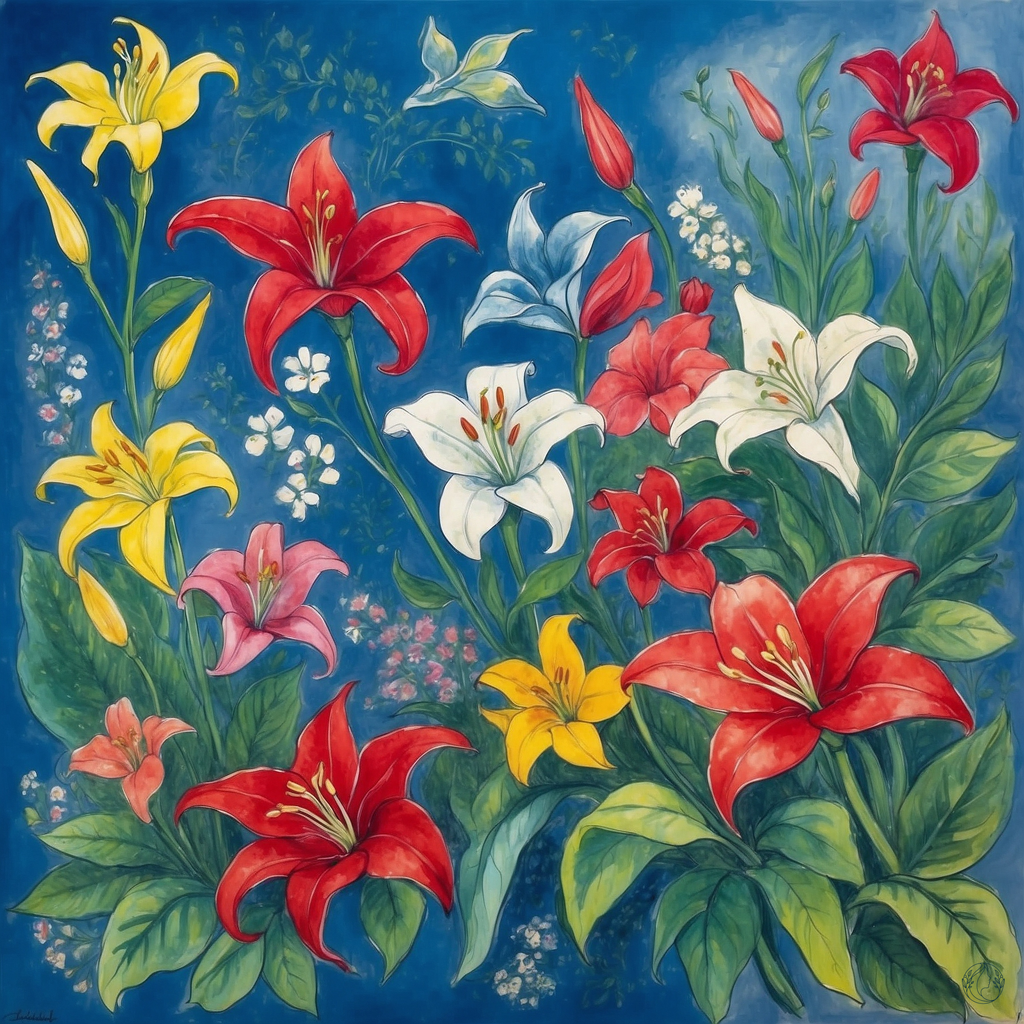 Dreamlike Lilies Satin Silk Scarf: Inspired by Marc Chagall